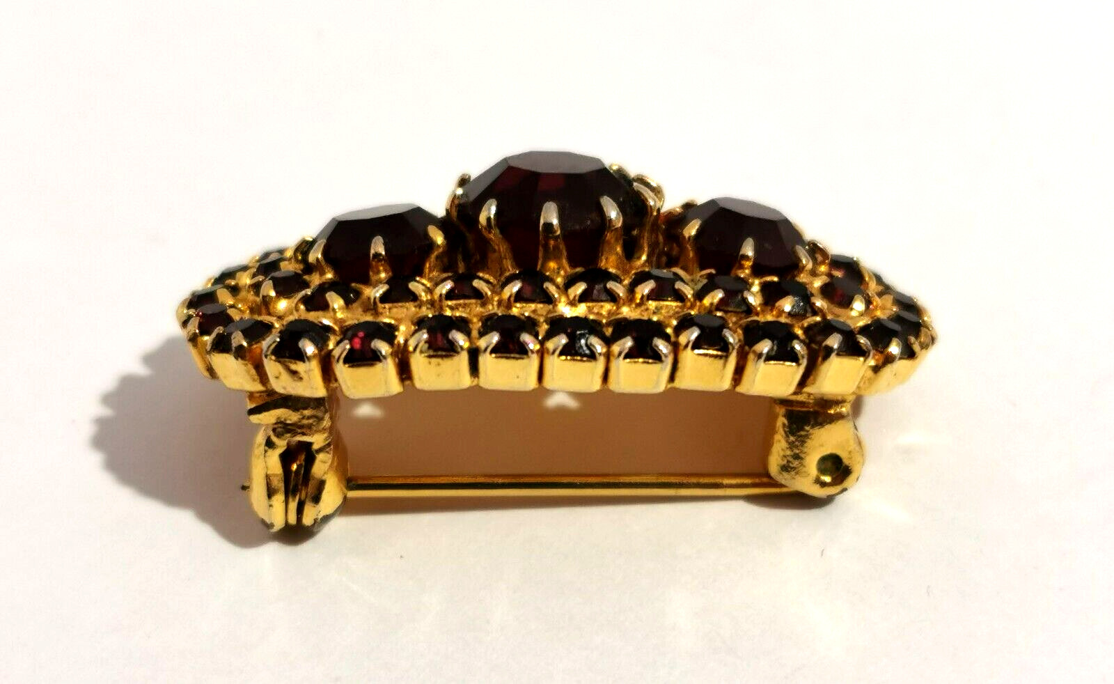 Vintage Czech Brooch Dark Red Rhinestones Glass Handmade Elliptical Shape Design