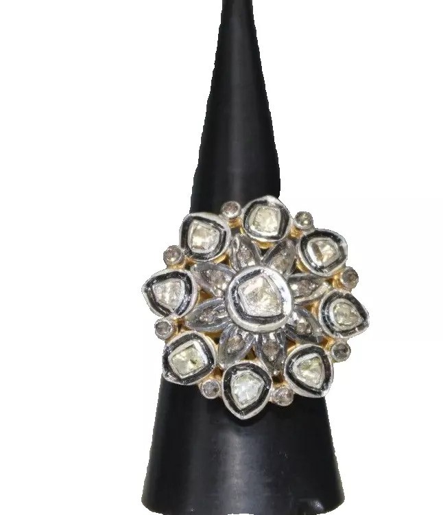 1.24ct Polki Rose Cut Diamond Victorian Look 925 Silver Ring