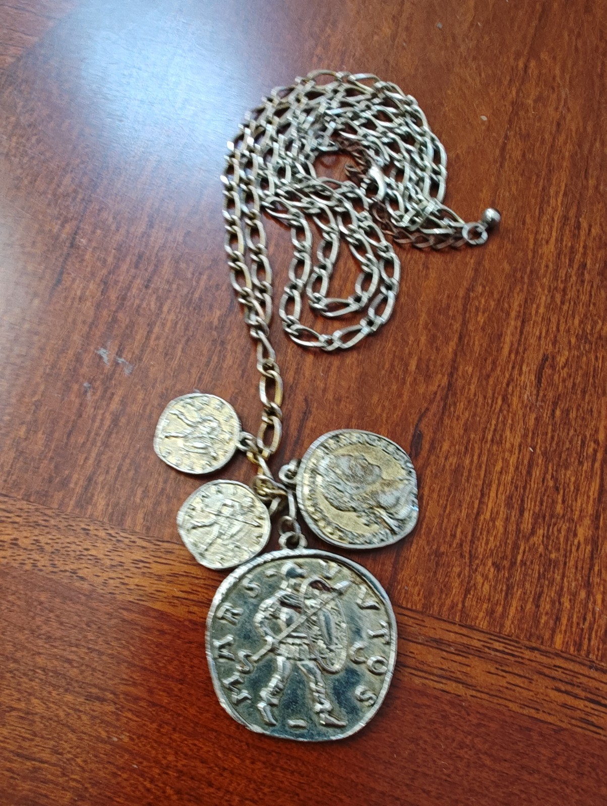 Vintage Coin Charm Necklace Greek Roman Dangles Gold Tone Chain 30″