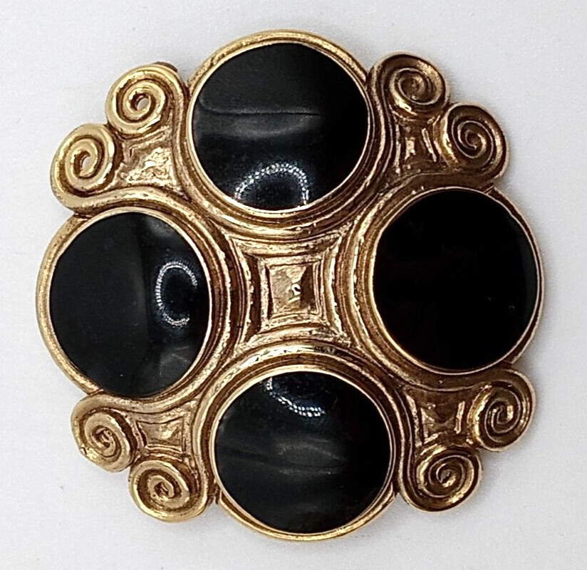 Vintage Orena Paris gold tone black semi cabochon brooch 2 x 2″