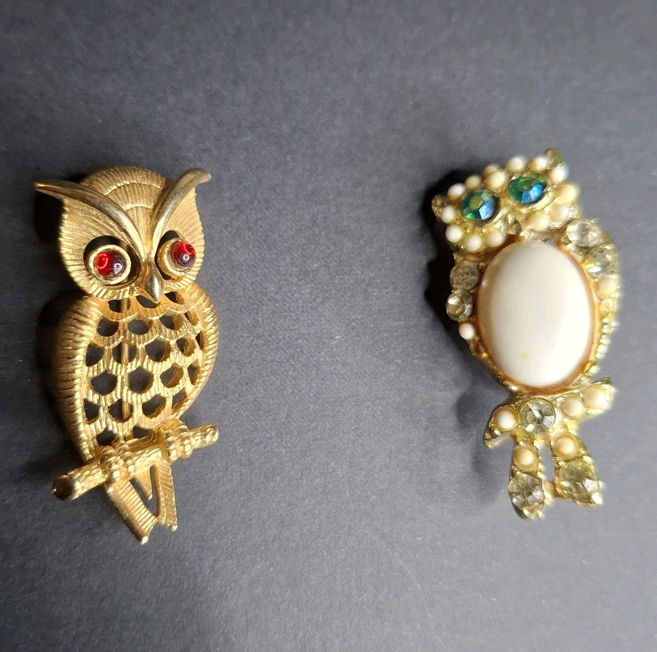 Owl Brooches Green and Red Eyes Rhinestone Gold and Silver Tone Pins Vintage