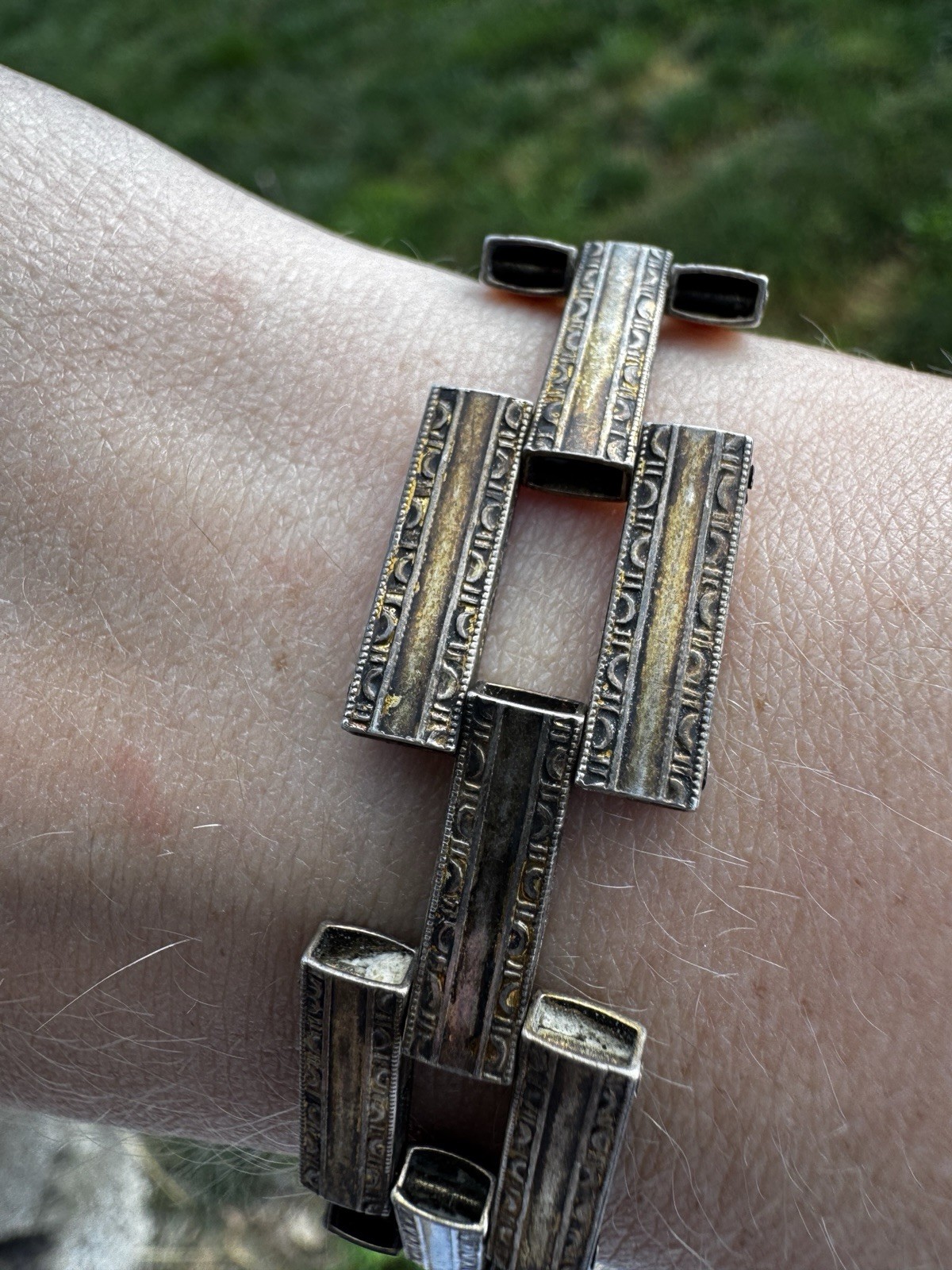 Art Deco Embossed Articulated Link Chain Sterling Silver Bracelet
