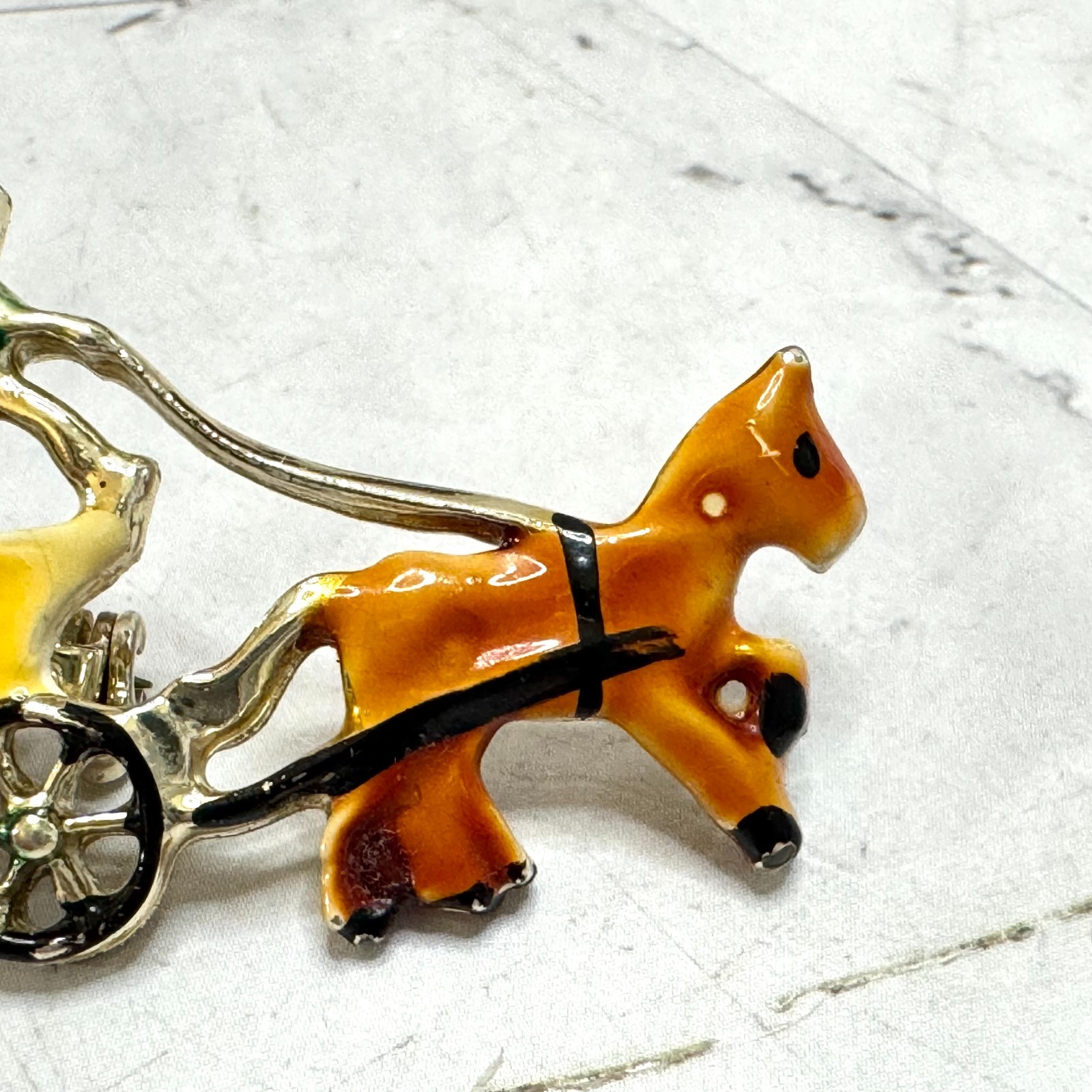 Vintage Brooch Enamel Horse Western Wagon Coach Gold Tone Estate 2″ Pin Dainty