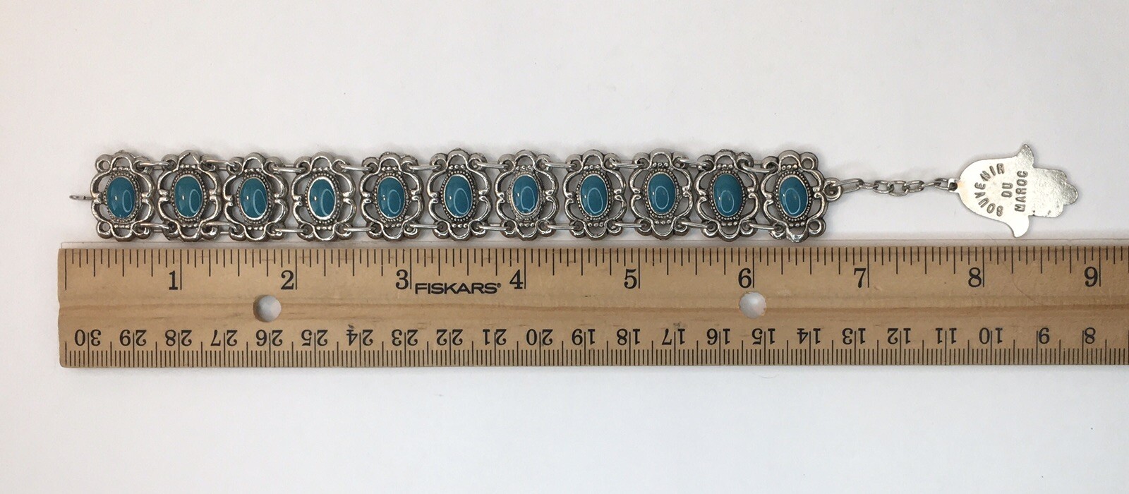 Vtg Souvenir du Maroc Moroccan Bracelet Poured Teal Enamel Hamsa Hand Charm