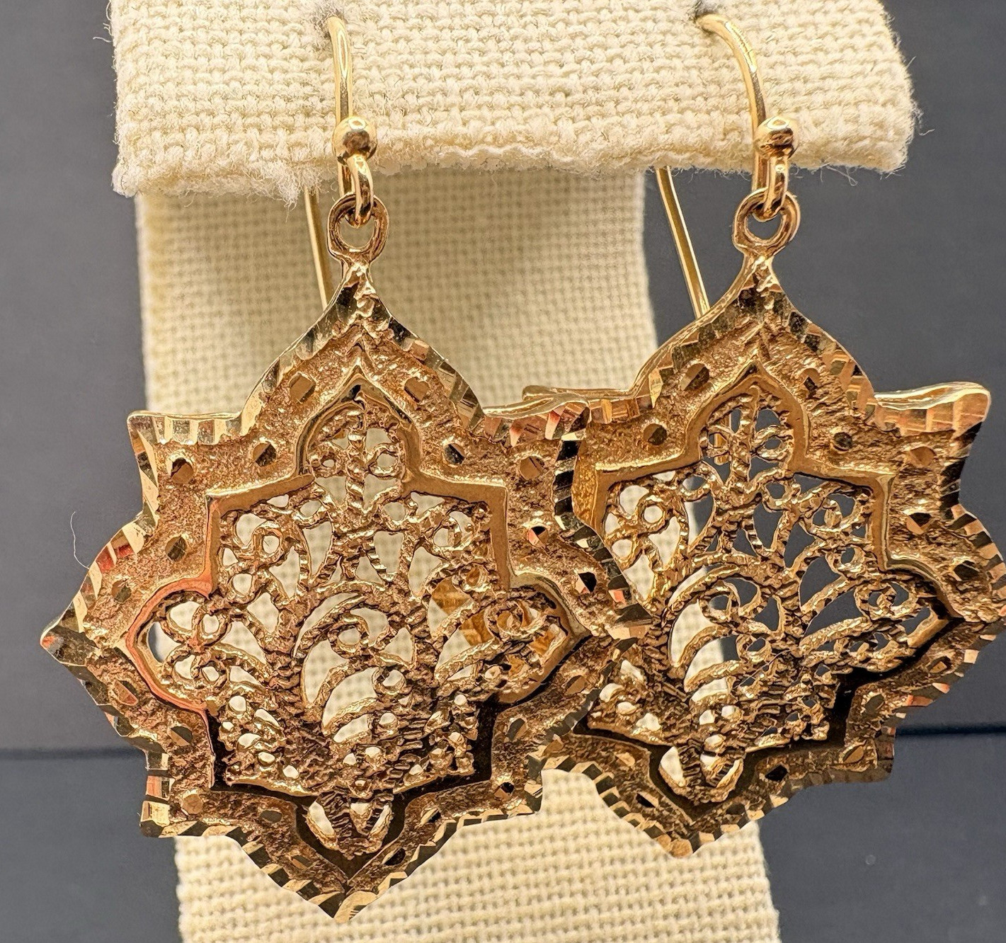 Vintage Filigree Geometric Gold Tone Pierced Earrings Ornate Dangle Drop
