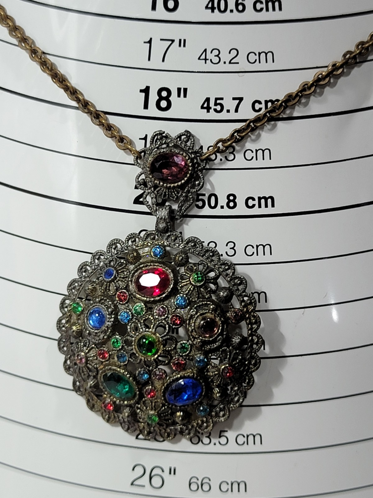 Vintage New England Glass Works Rhinestone Medallion Necklace 18″