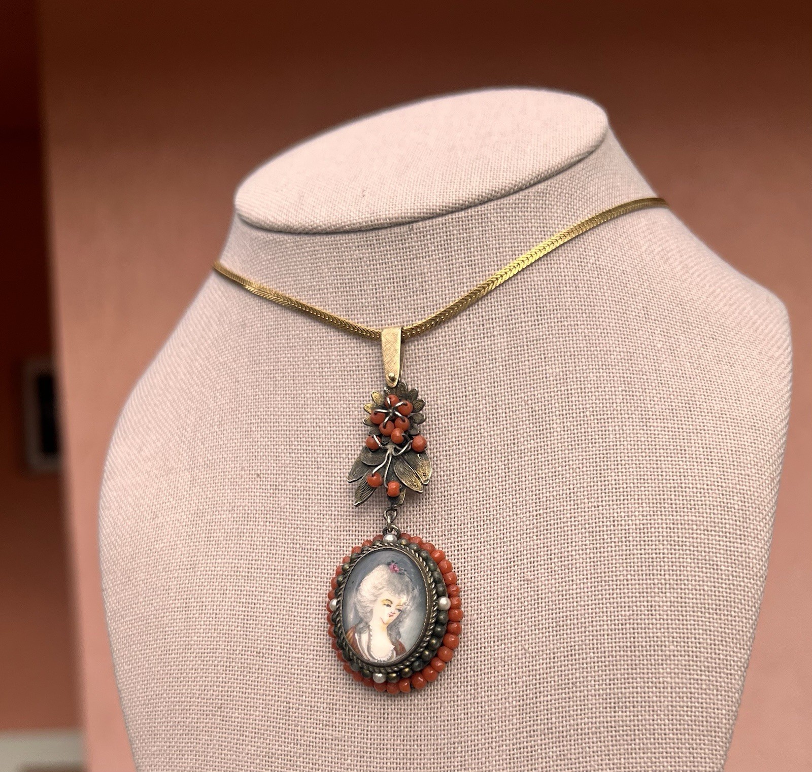 Antique Yellow Gold + Silver Coral Seed Pearls Hand Painted Portrait Pendant