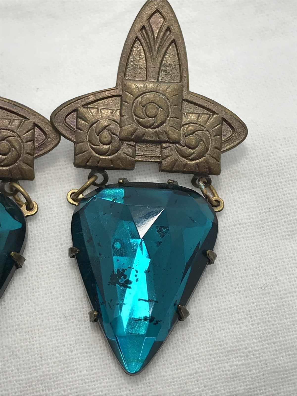 Vintage Glass Works Studio Teal Color Glass & Brass tone Pierced Earrings