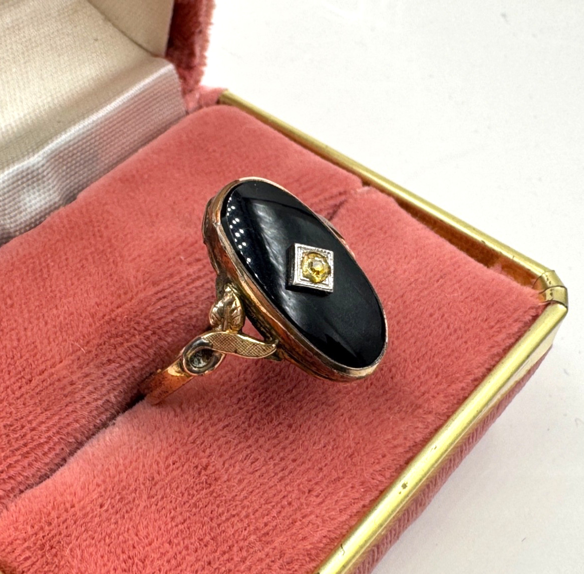 ANTIQUE VICTORIAN RING 10K GOLD FILLED SIGNED HALLMARKED ONYX DIAMOND LARGE 9.25