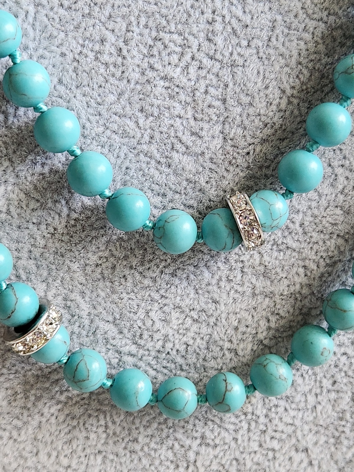 Vintage Genuine Turquoise Pave Rhines Hand Knot Necklace 50″ Mag Adjust 16 + 34