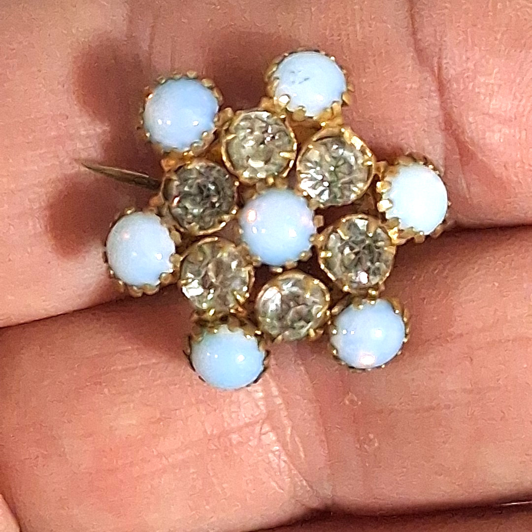 Antique Victorian Gold Wash Opaline Glass Clear Rhinestone Flower Brooch C Clasp