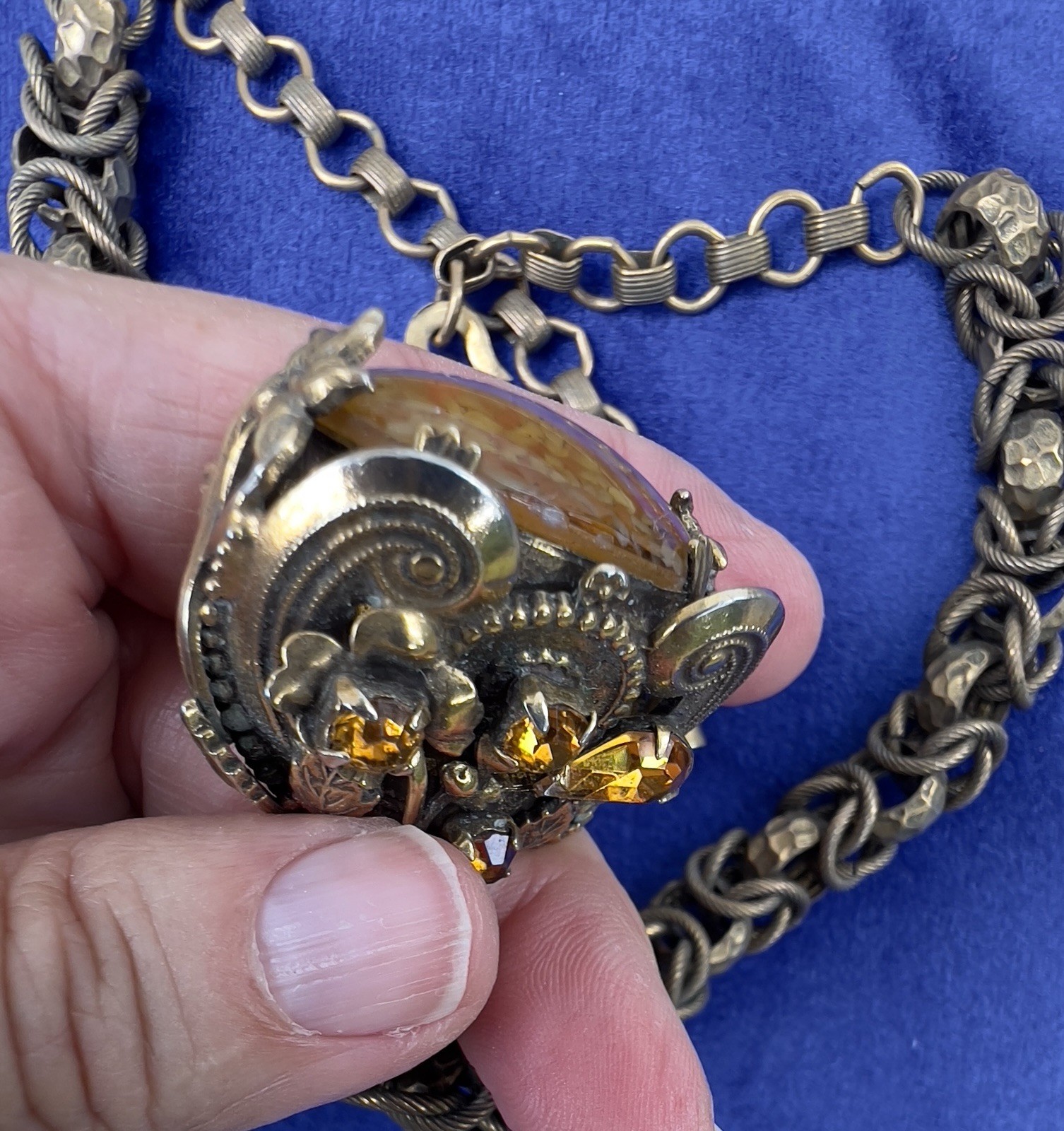 VTG HENKEL & GROSSE Victorian Revival Rhinestone & Art Glass Fob Necklace RUNWAY