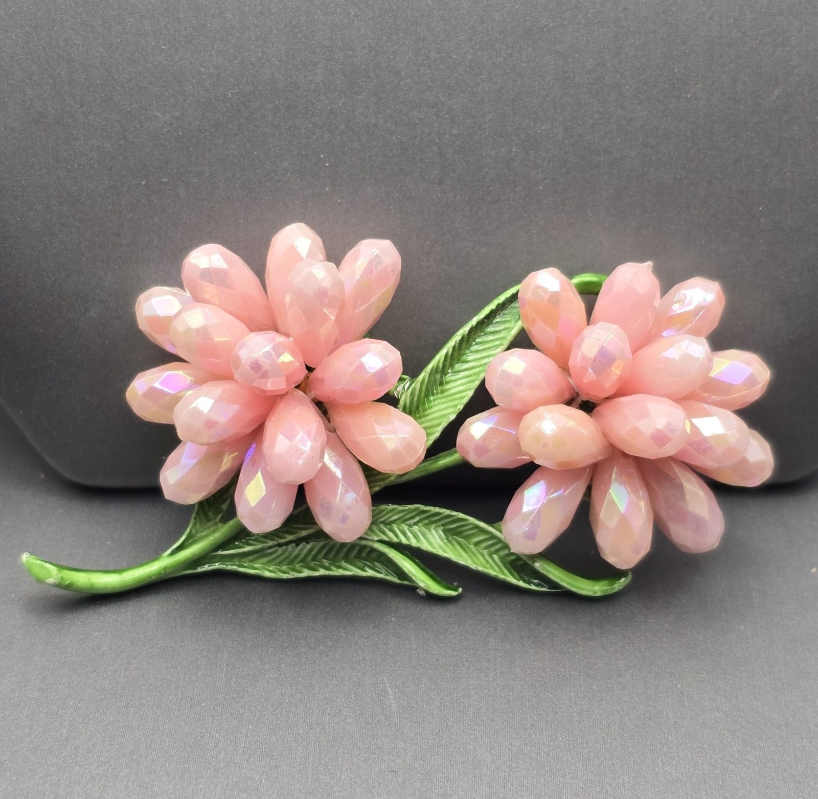 VTG AB Pink Resin Beaded Floral Brooch Green Leaf Double Flower Unsigned