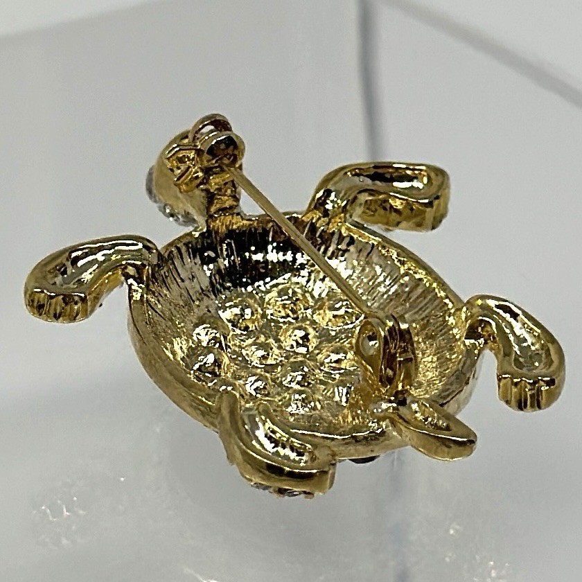 Vintage Gold Tone Turtle Purple White Green Eyes Rhinestone Brooch Pin