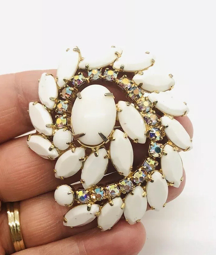 Juliana Delizza & Elster Large White & AB Rhinestone Brooch Vintage Jewelry