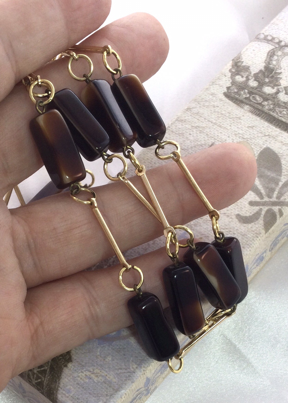 Vintage Jewellery Brown glass lozenge bead gold bar necklace Jewelry Art Deco BC