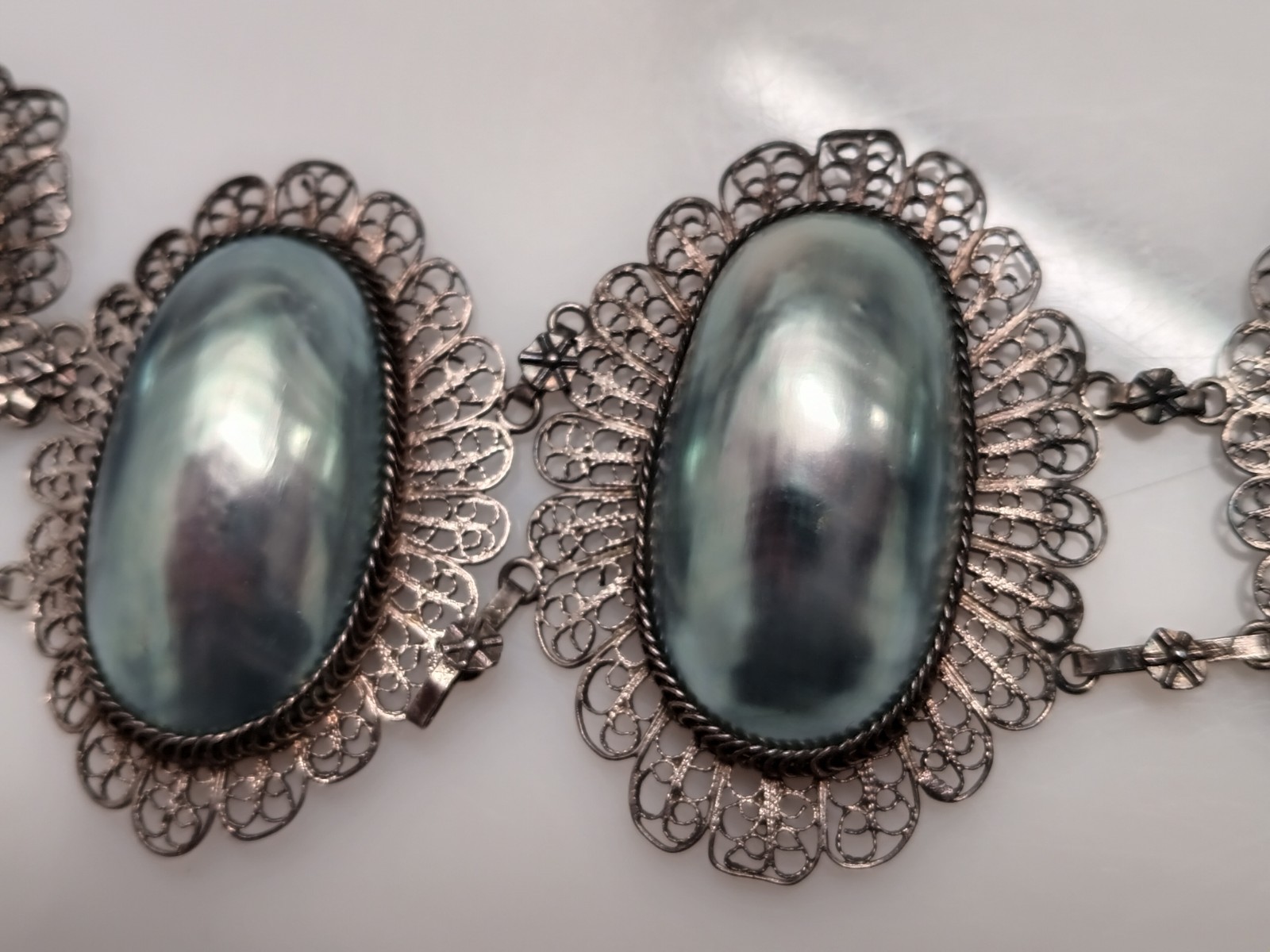 Vintage Antique Silver Filigree Mabe Pearl Necklace Brooch Bracelet Set Lot
