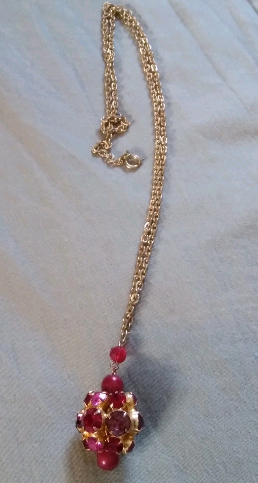 Vintage Pink Red Purple Rhinestone Pendant Necklace.