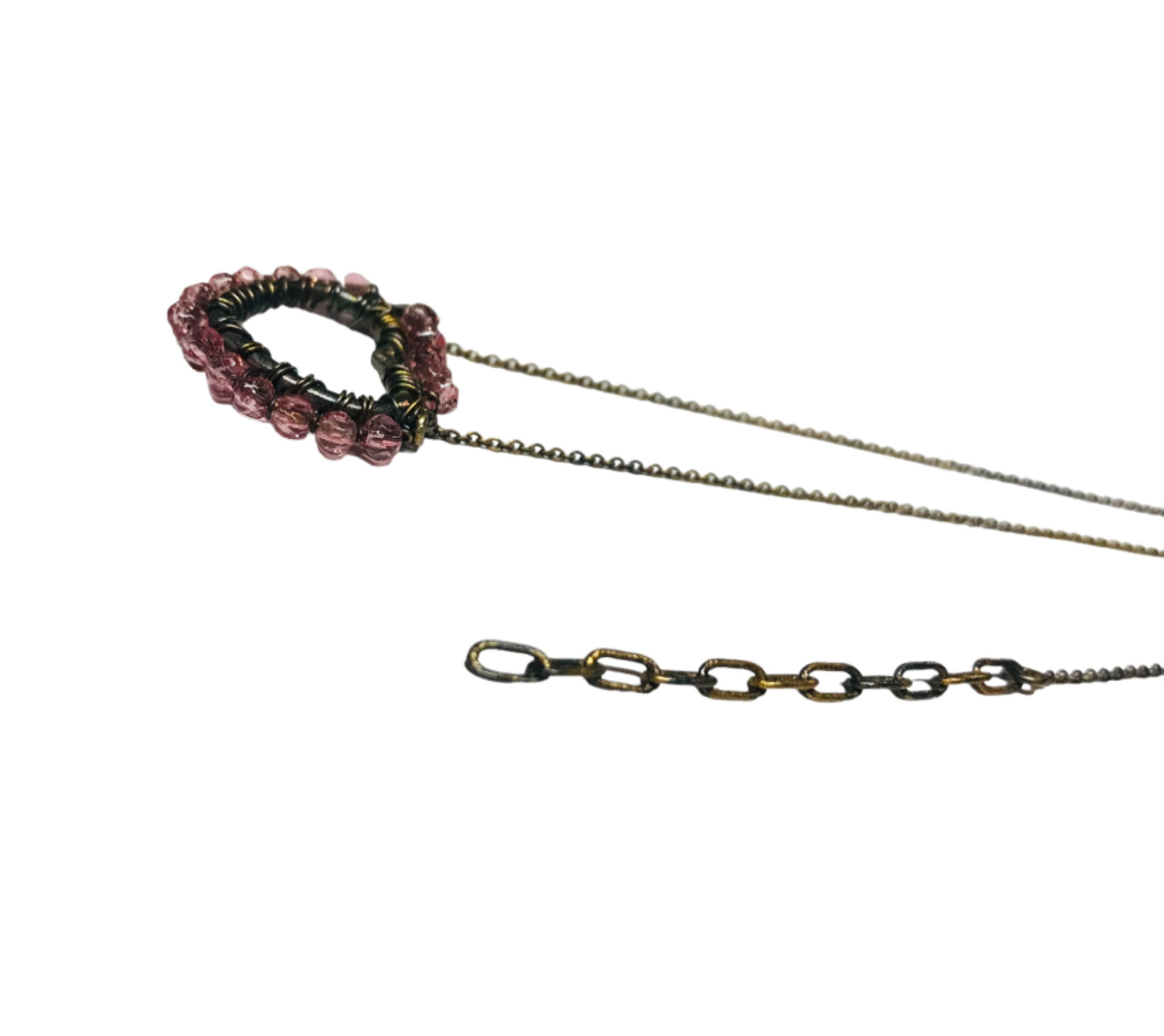 Vintage Antique Gold Tone Wire Wrapped Pink Beads Heart Pendant Necklace 19.5”