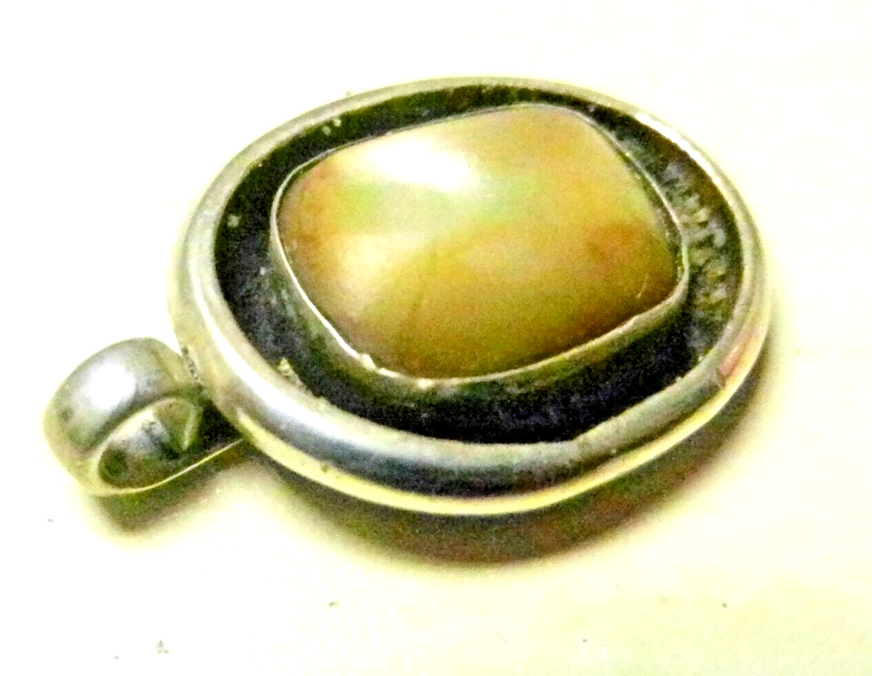 Neolithic SIGNED Sterling Silver Mother of Pearl Oval Shadow Box Pendant 1970’s