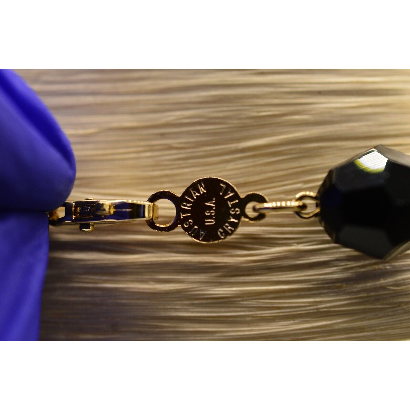 Austrian Crystal USA Vintage Necklace Open Bezel Clear Black Gold Signed 80s 9J