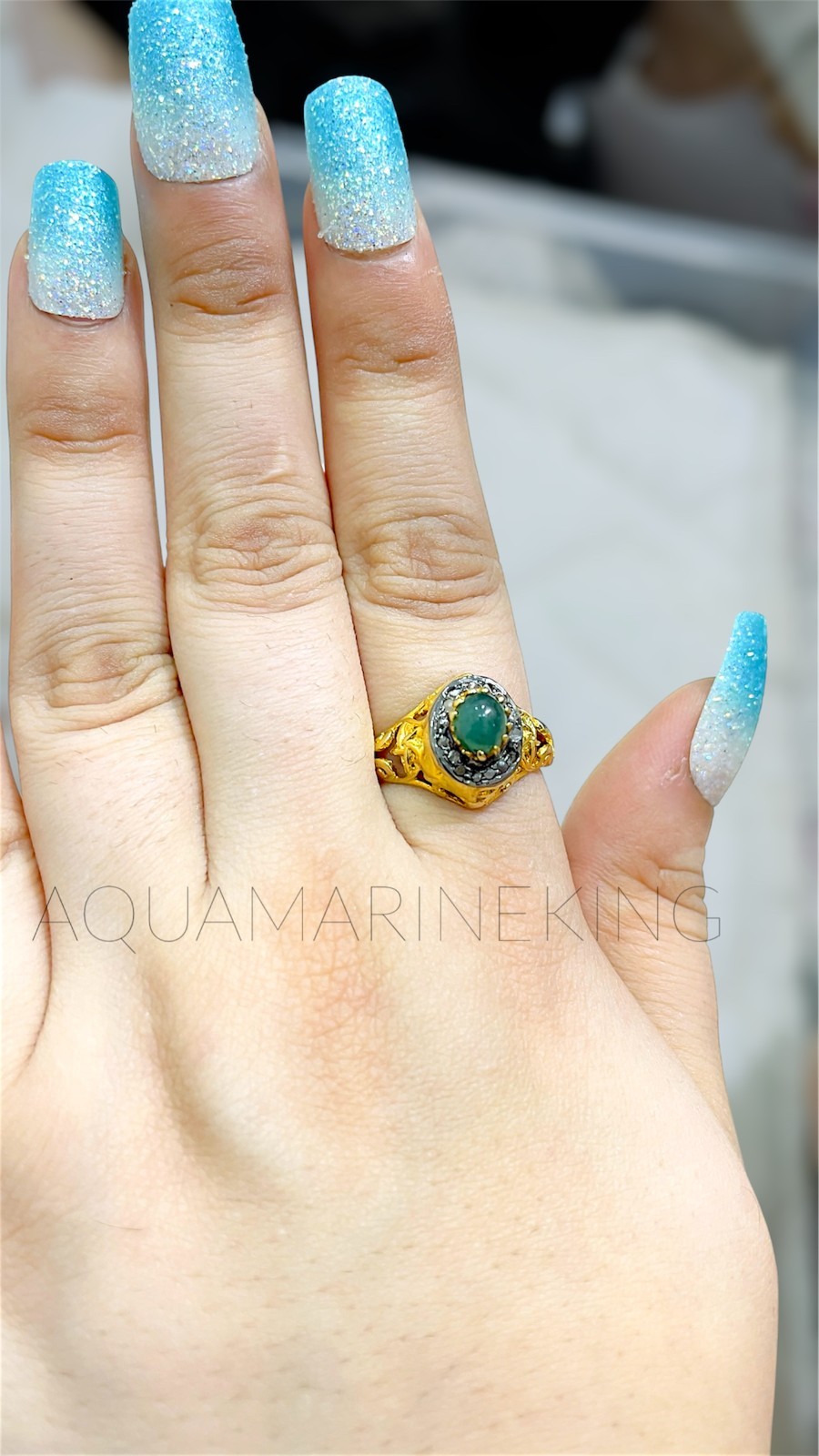 Natural Emerald & Diamond Ring, 14k Gold Plated Victorian Jewelry Gift For Her
