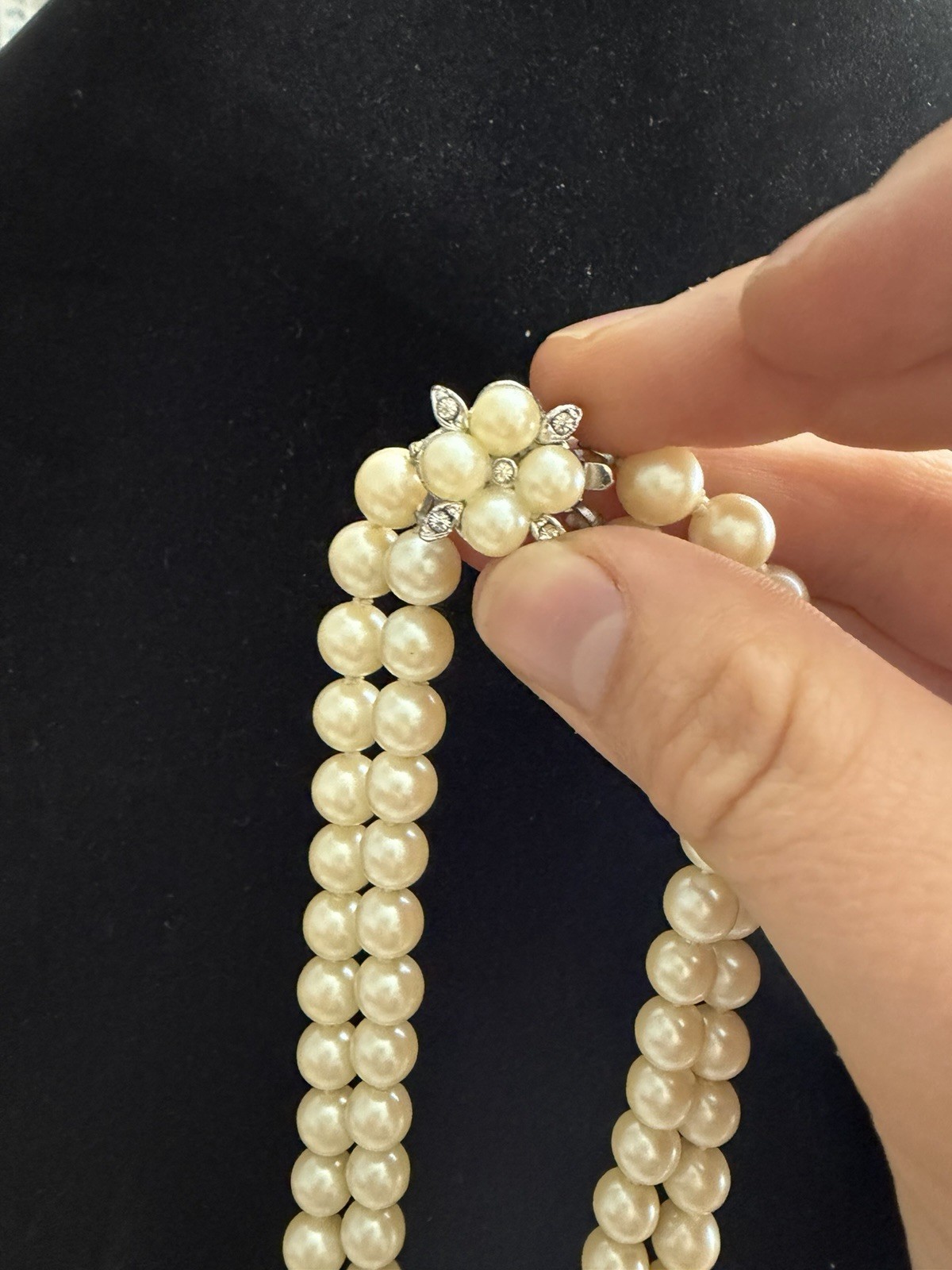 Double Strand Ivory Faux Pearl Beaded Necklace Rhinestone Floral Clasp 16in