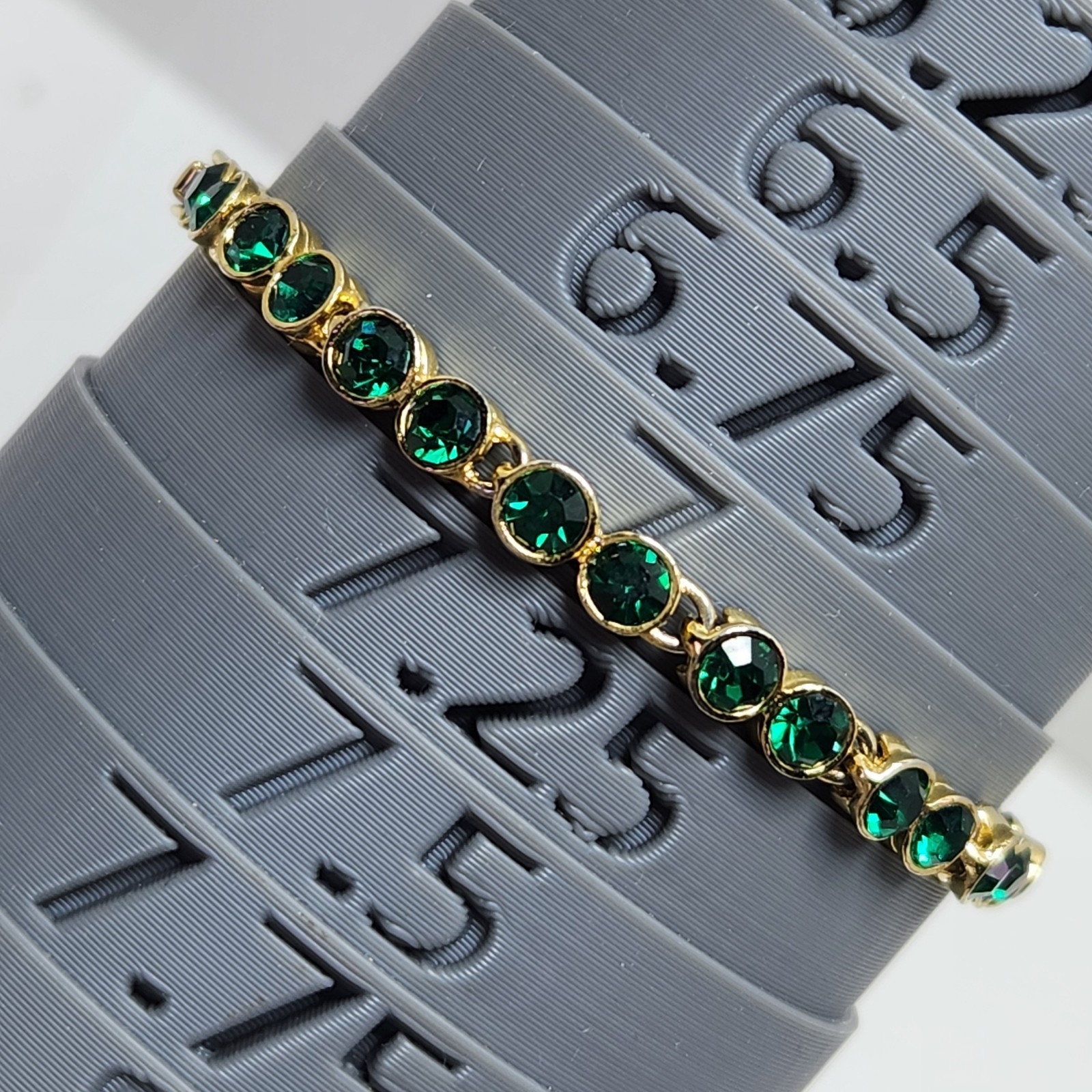 Vintage Emerald Green Rhinestone Goldtone Bracelet 7″ Earrings 2 Pair May Birth