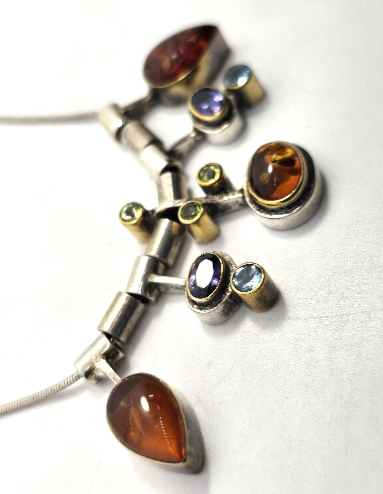 Modernist Amber Iolite Peridot and topaz vintage sterling silver necklace