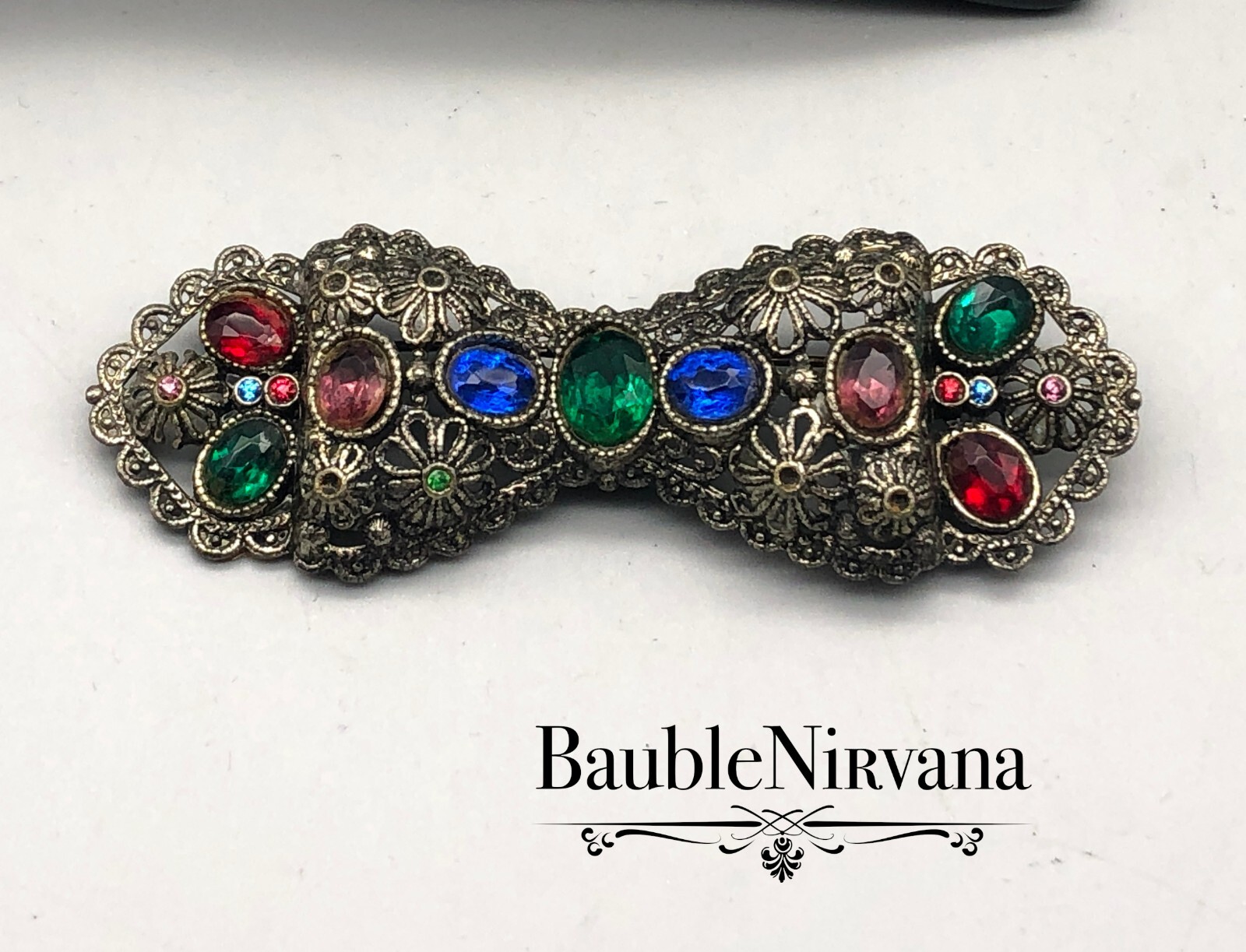 Vintage Silver Flowers Filigree Multi Color Jeweled Glass Stones Bow Pin Brooch