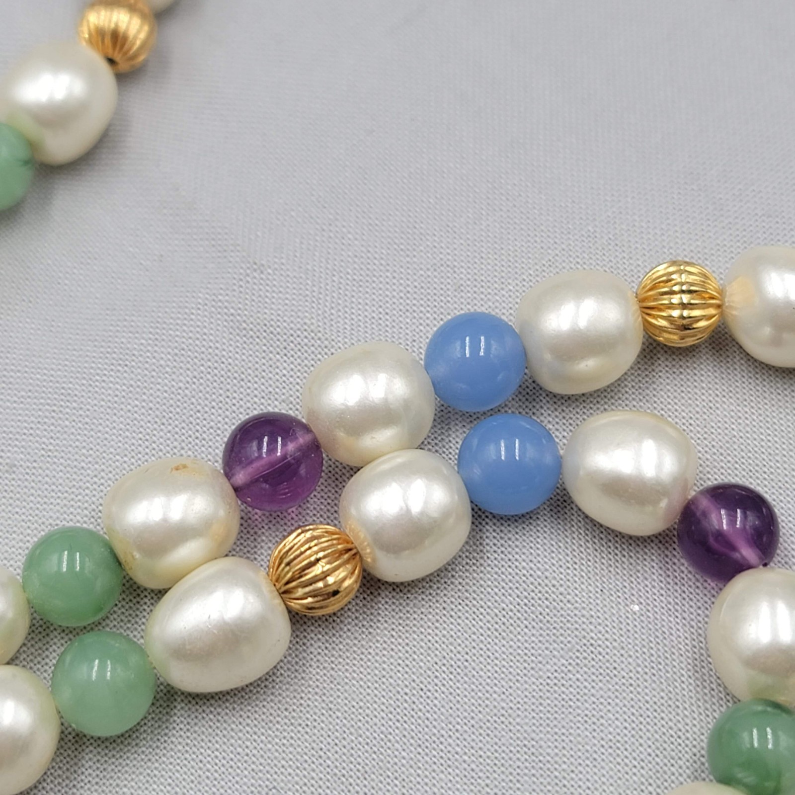 Vintage Bead Necklace Gold tone White Purple Blue Green Long 36″