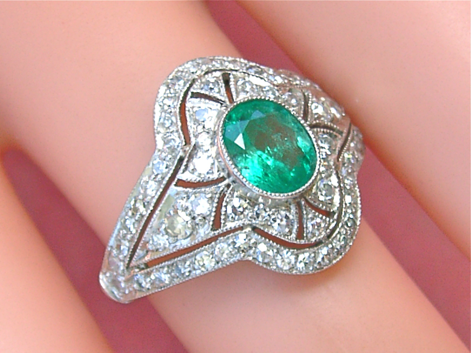 ART DECO .80 ct OVAL EMERALD 1.20 ctw DIAMOND PLATINUM RIGHT-HAND COCKTAIL RING
