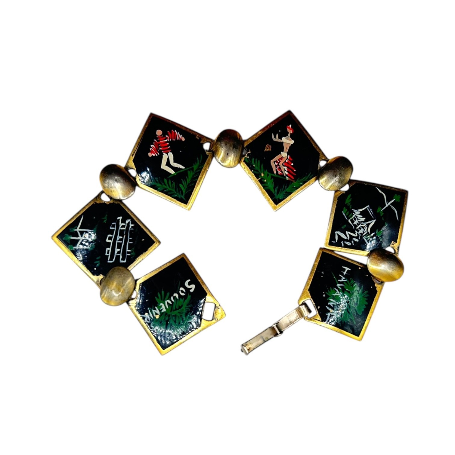 Vintage 1940s 50s Hawaii Hand Painted Brass Panel Souvenir Bracelet Tiki Hula