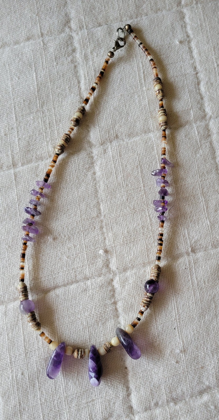 Handmade Chevron Amethyst Heishi Bead Necklace Vintage Earthy Boho Natural