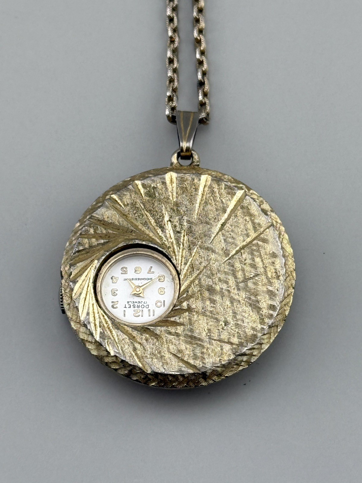 Vintage Dorset Swiss Pendant Watch Mid Century Atomic Starburst Manual 25″ Chain