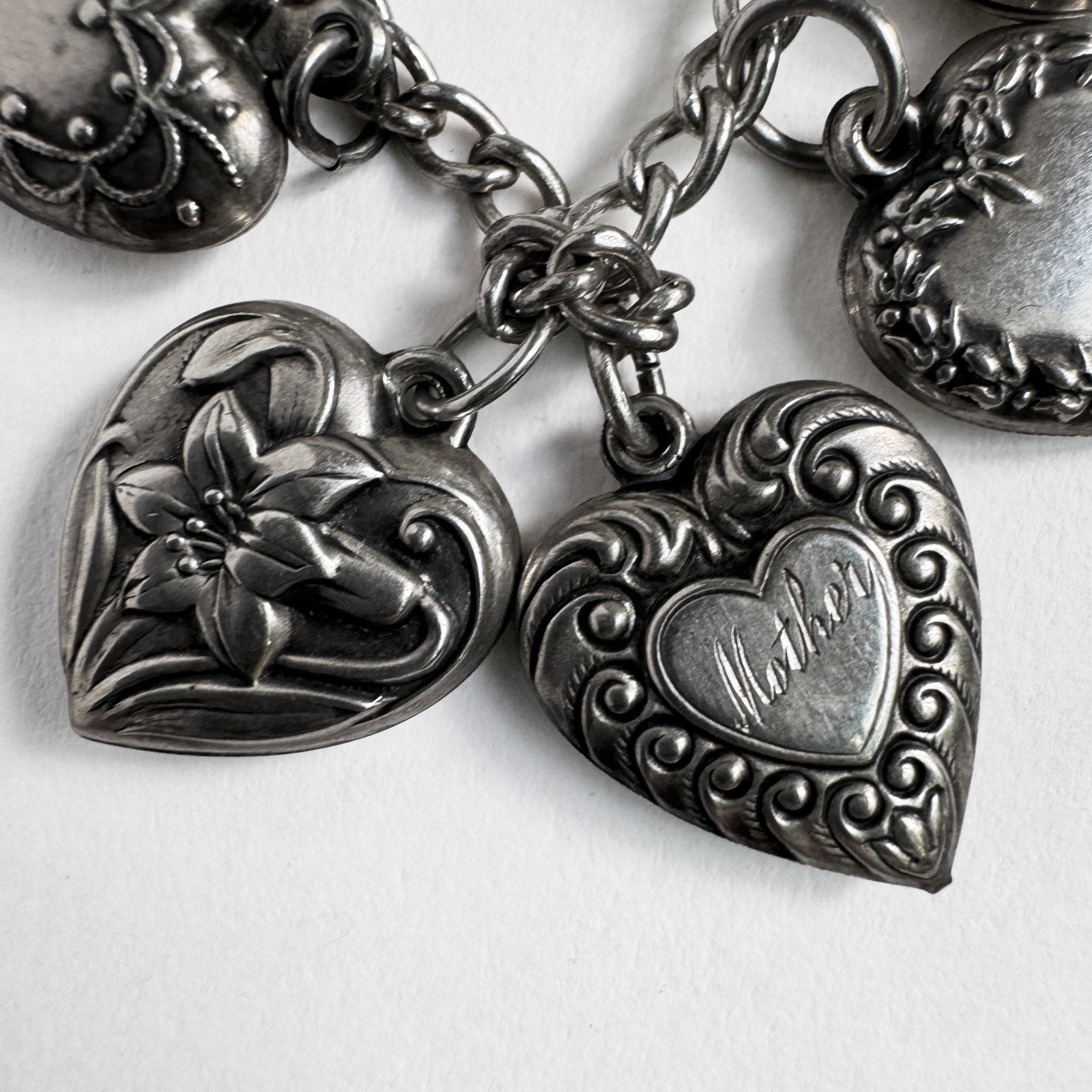 Vintage WWII Sterling Silver 925 Puffy Heart Sweetheart Bracelet w/ 14 Charms