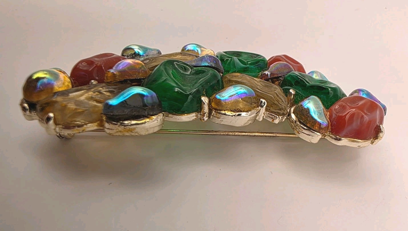 Vintage Hi End Multicolor Poured Marbled Glass Prong Set Silvertone Brooch