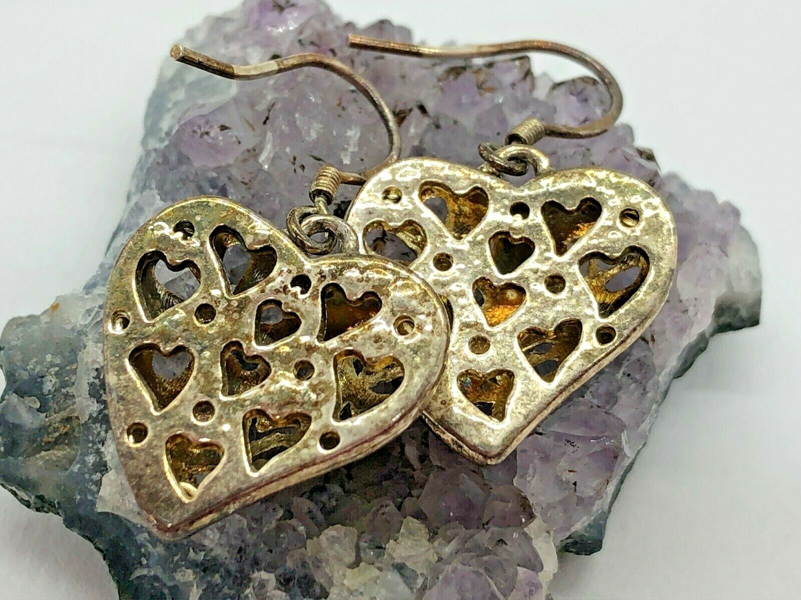 Vintage Sterling Silver Floral Hearts Flowers Dangle Earrings 5.6 Grams