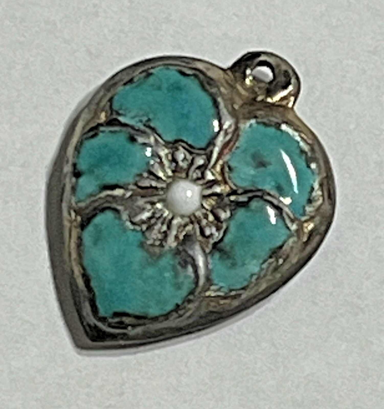 Sterling Silver Heart Flower Charm Puffy Enamel Pansy 925 Vintage Stamped Blue