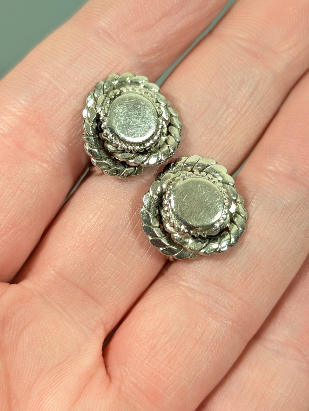 Vintage Silver Tone Round Love Knot Screw Back Earrings Clip On