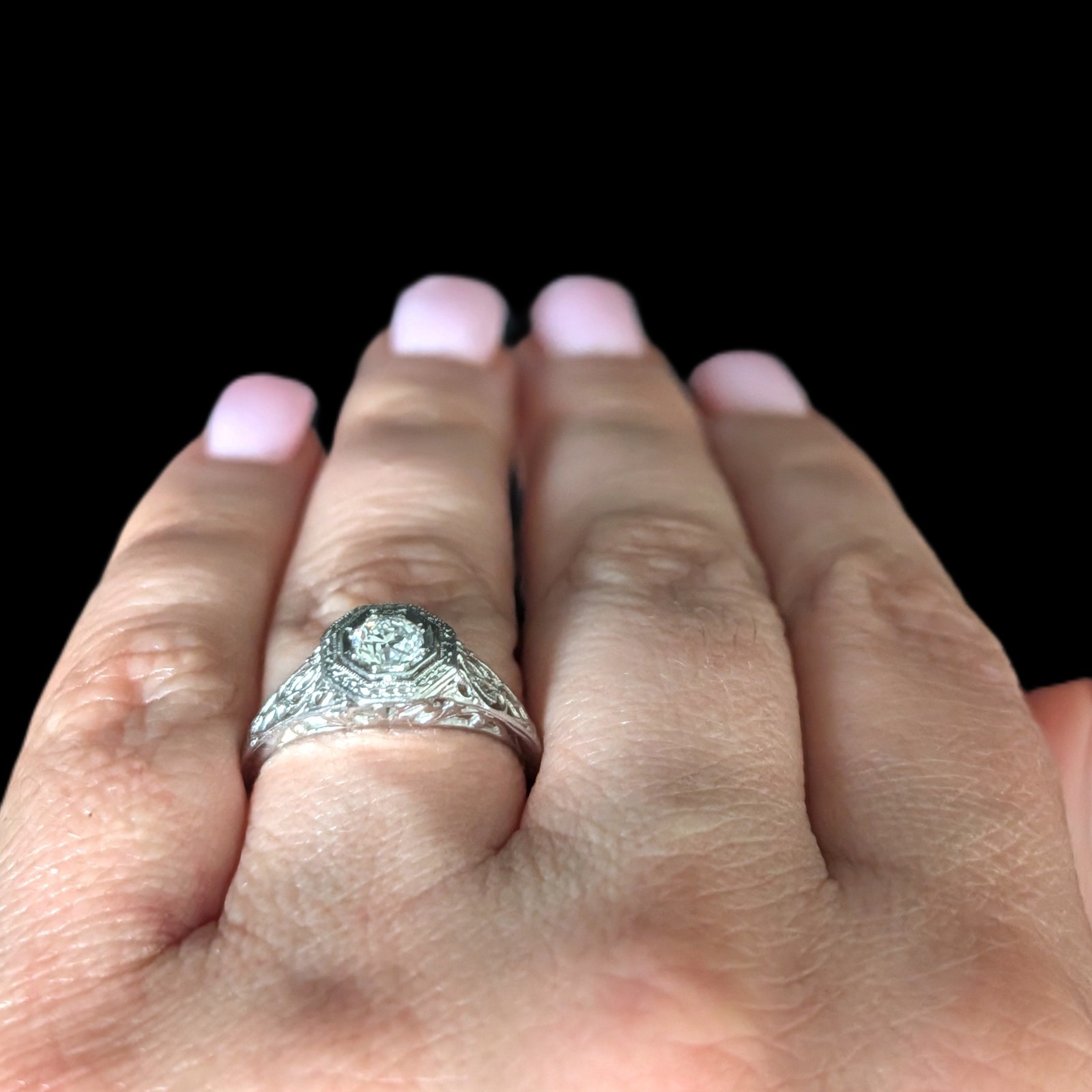 Art Deco Old European Cut Diamond 14k White Gold Platinum Engagement Ring 1920s