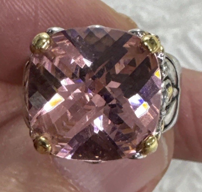 Vintage 18K GE Two Tone Large Faceted Cushion-Cut Pink Cubic Zirconia Ring 10.25