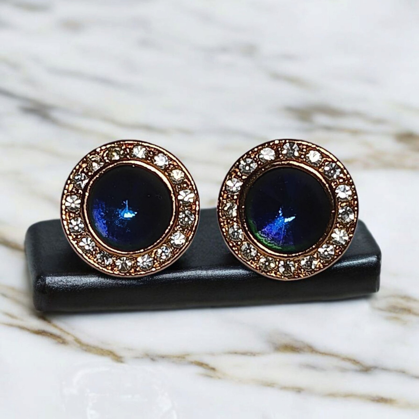 Roman Signed Earrings Violet Blue Rivoli Clear Crystal Gold Tone Round Pierced