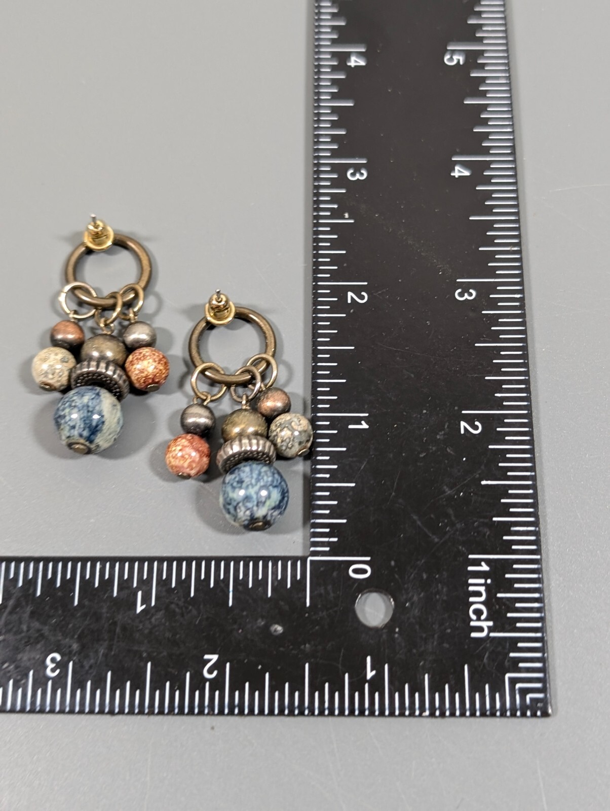 Bronze Tone Blue Bead Cluster Dangle Earrings Tribal Boho Western Retro
