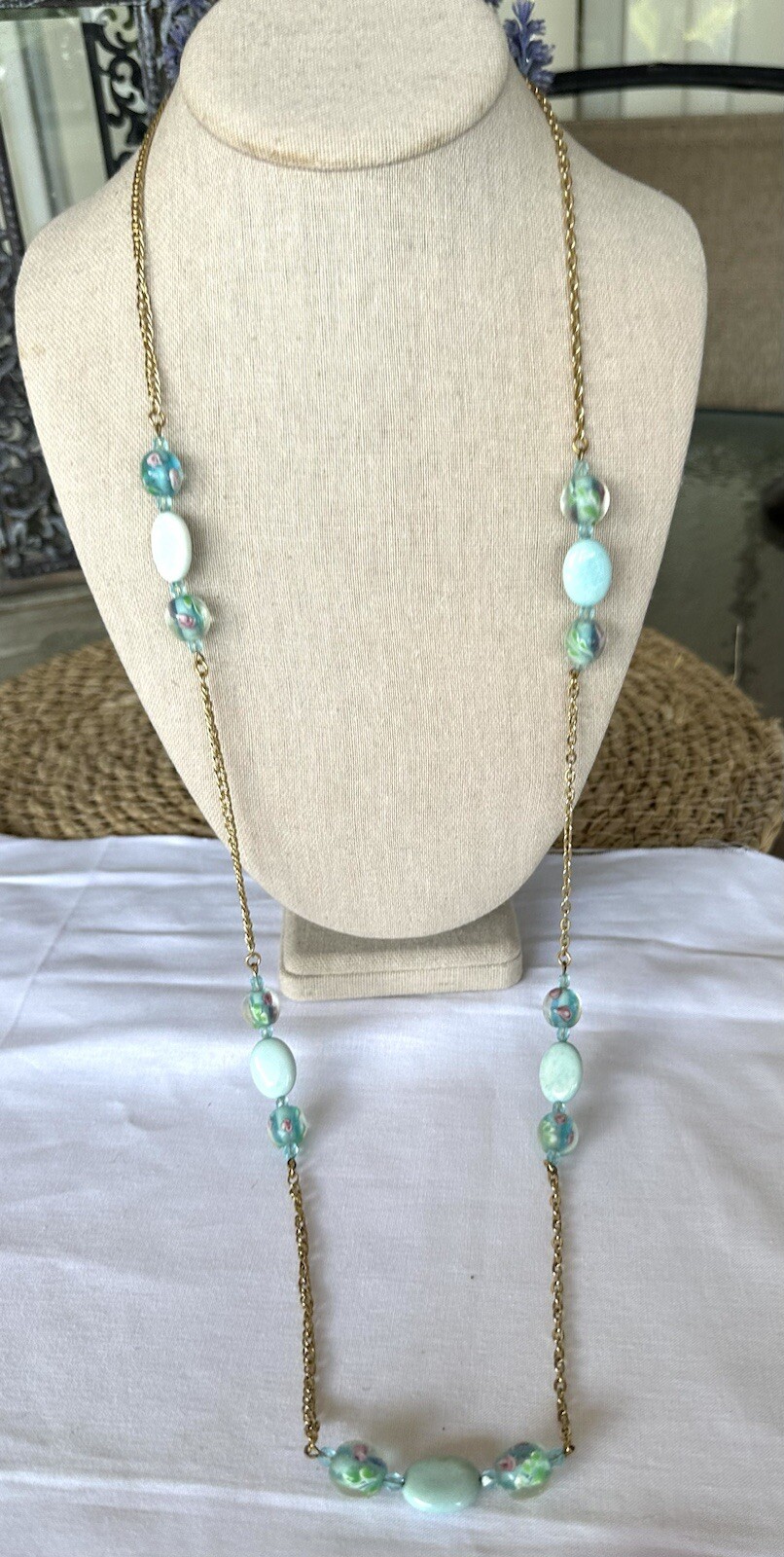 Vintage Gold Tone Aqua & Light Blue Glass Beaded Long Unique Chain Necklace 36″
