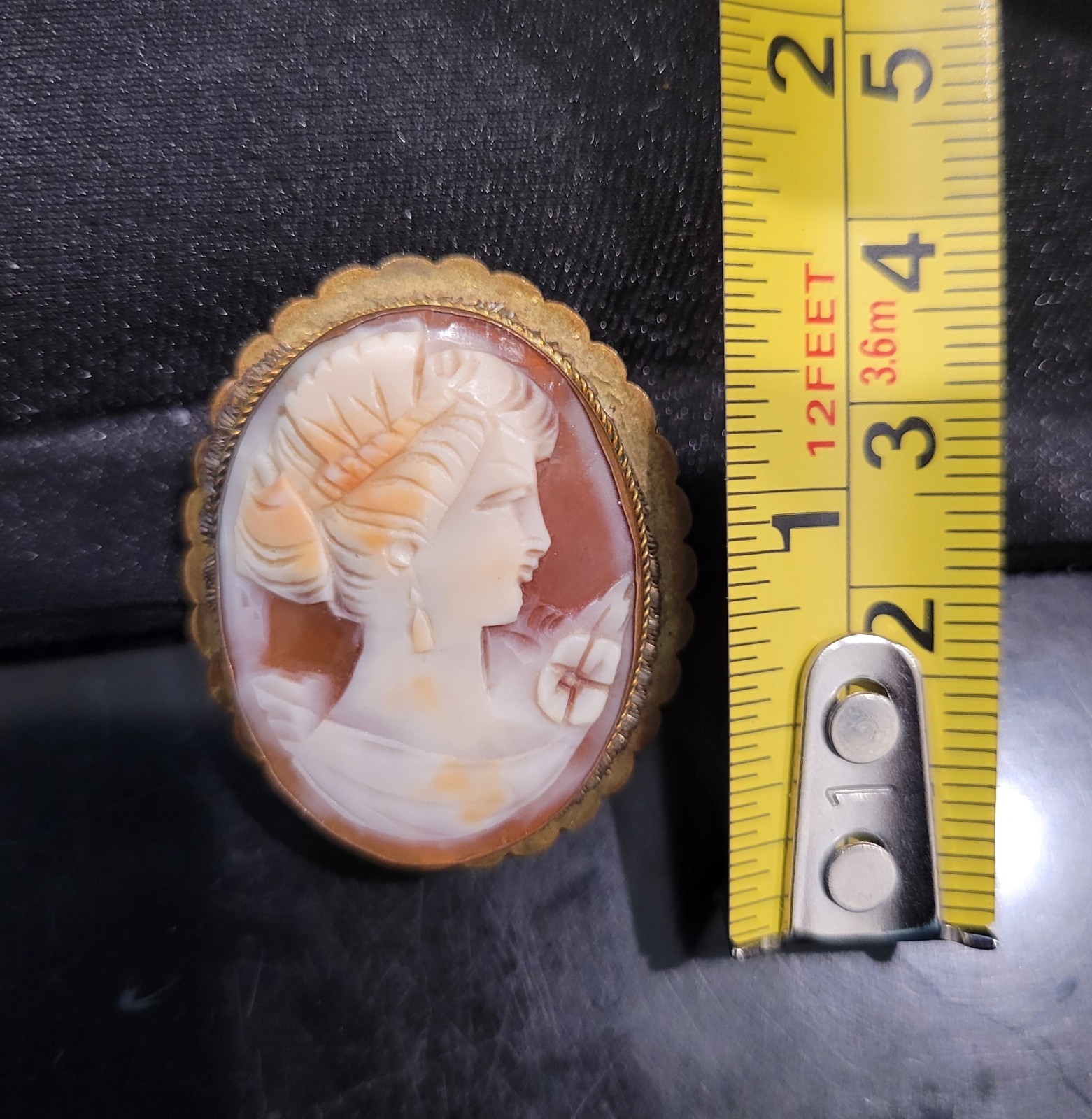 Oval Cameo Portrait Brooch Pin, Scalloped Gold-Tone Frame, White & Brown – Read