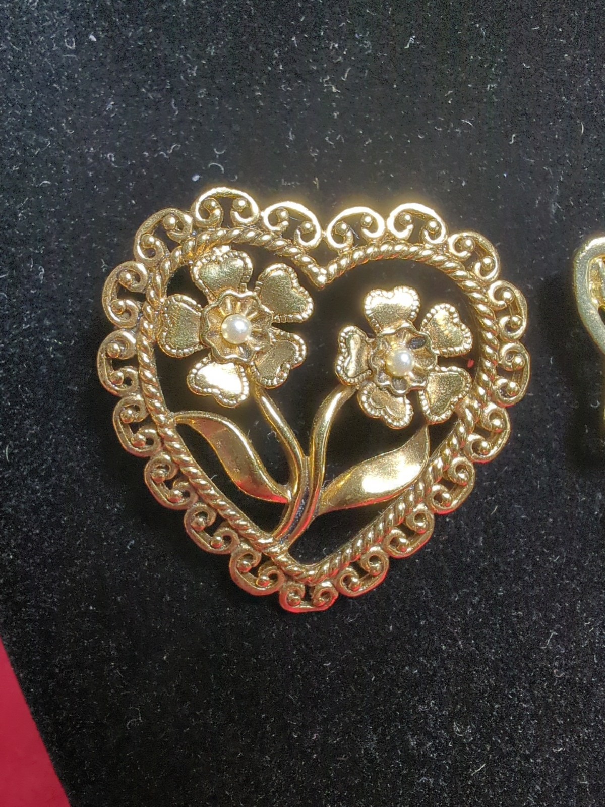 Goldtone Flower and Heart Faux Pearls Brooch & Filigree Butterfly Pin Vintage