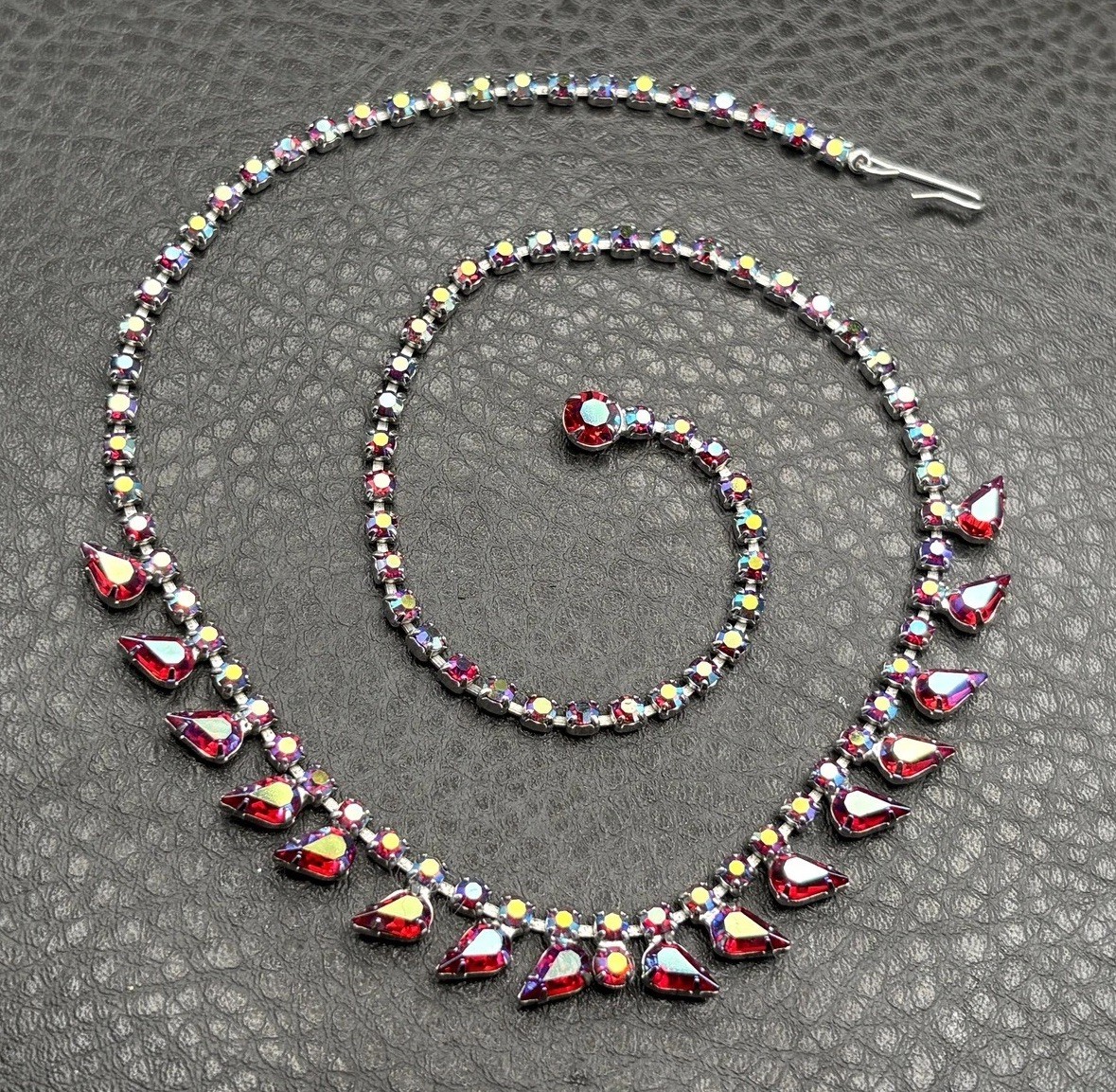 Vintage B. David Aurora Borealis Red AB Crystal Rhinestone Necklace 18”