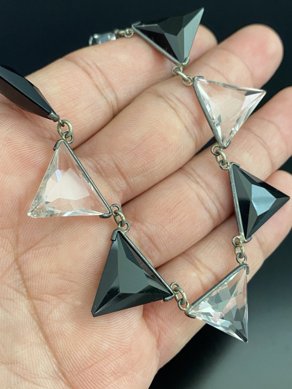 Art Deco VTG Silver Tone Trillion Cut Clear & Black Rock Quartz Choker Necklace