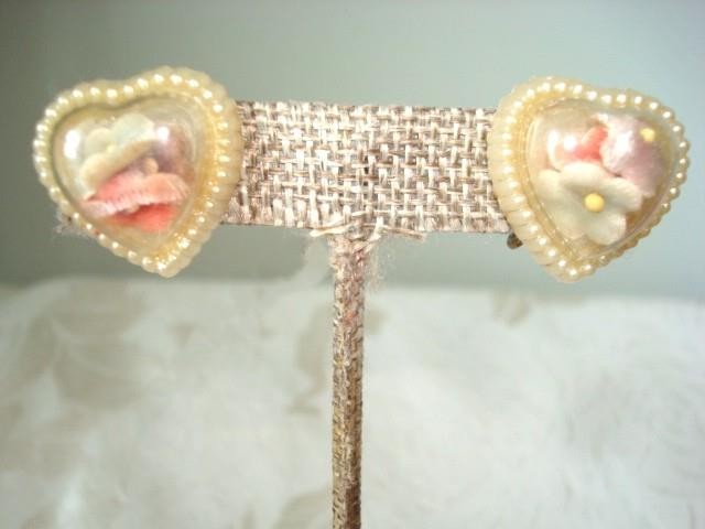 Vintage Cream Plastic Heart SB Earrings Flocked Flowers Under Domed Tops KJ